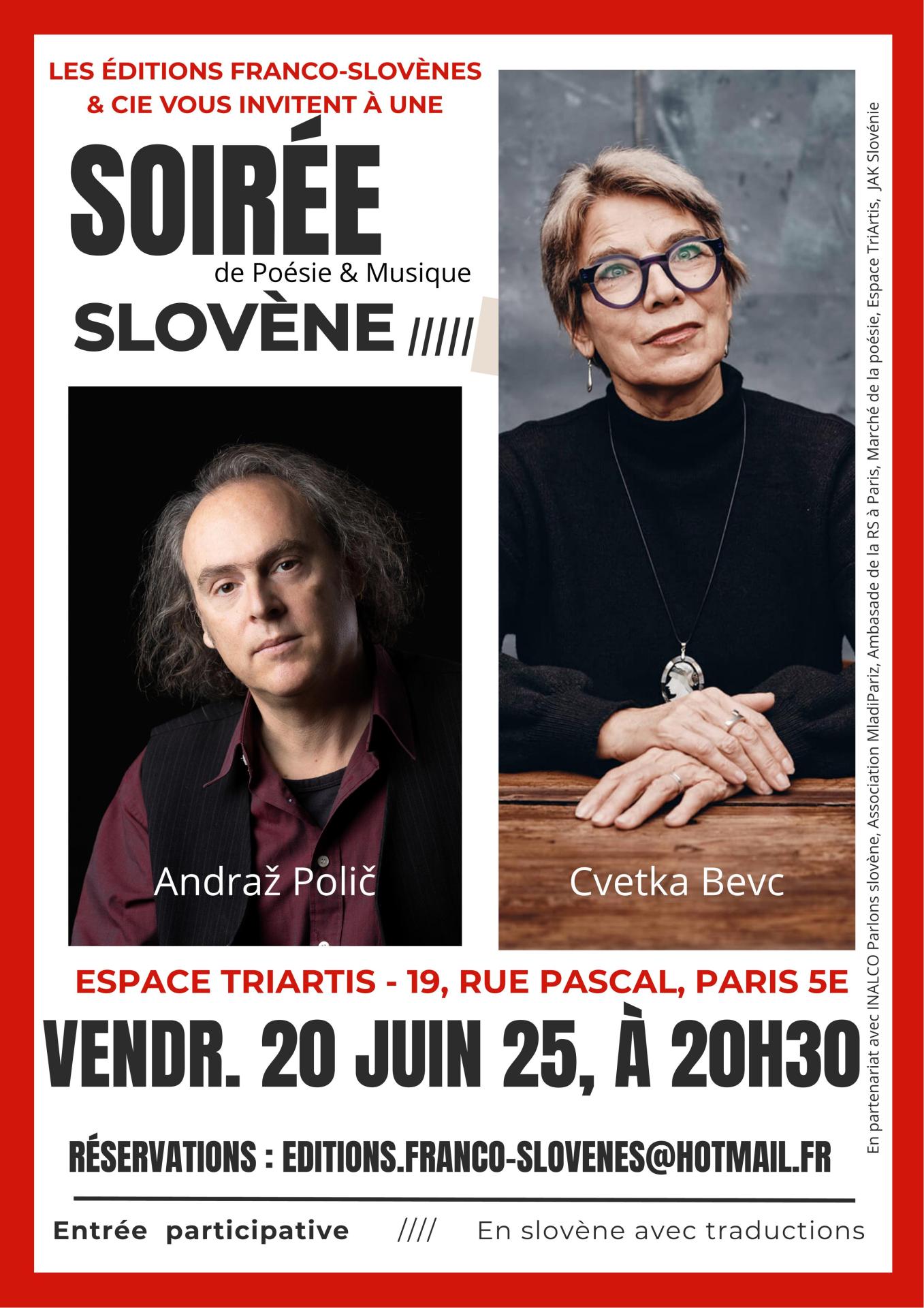 Soiree slovène en musique et poésie à l'espace TriArtis le 20 juin avec Cvetka Bevc et Andraz Polic